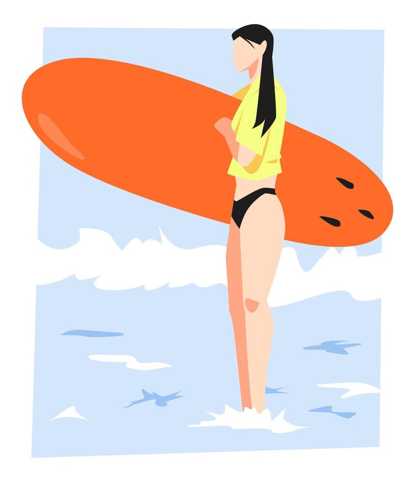 ilustración de mujer en la playa sosteniendo una tabla de surf. fondo de agua de mar. el concepto de deportes, pasatiempos, recreación, juego, natación, verano, etc. vector plano