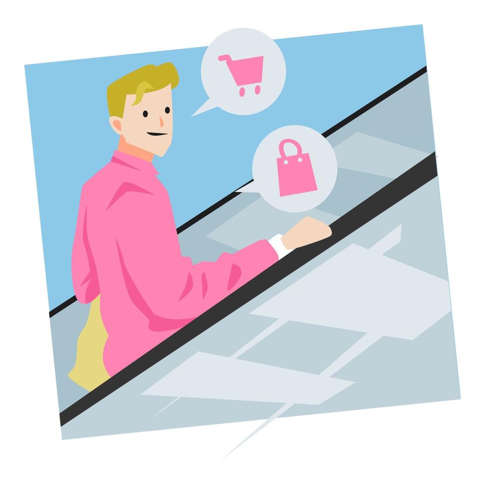 ilustración de un hombre con una bolsa de compras subiendo la escalera mecánica mientras piensa en ir de compras. icono de carrito de compras, bolsa de compras. concepto de supermercado, necesidades, estilo de vida, compras, etc. vector plano