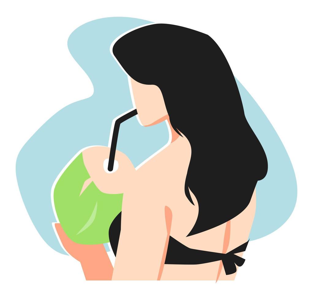 ilustración de mujer en bikini bebiendo agua de coco. fondo azul claro aislado. concepto de relajante, verano, fresco, sediento, bebidas, etc. vector plano