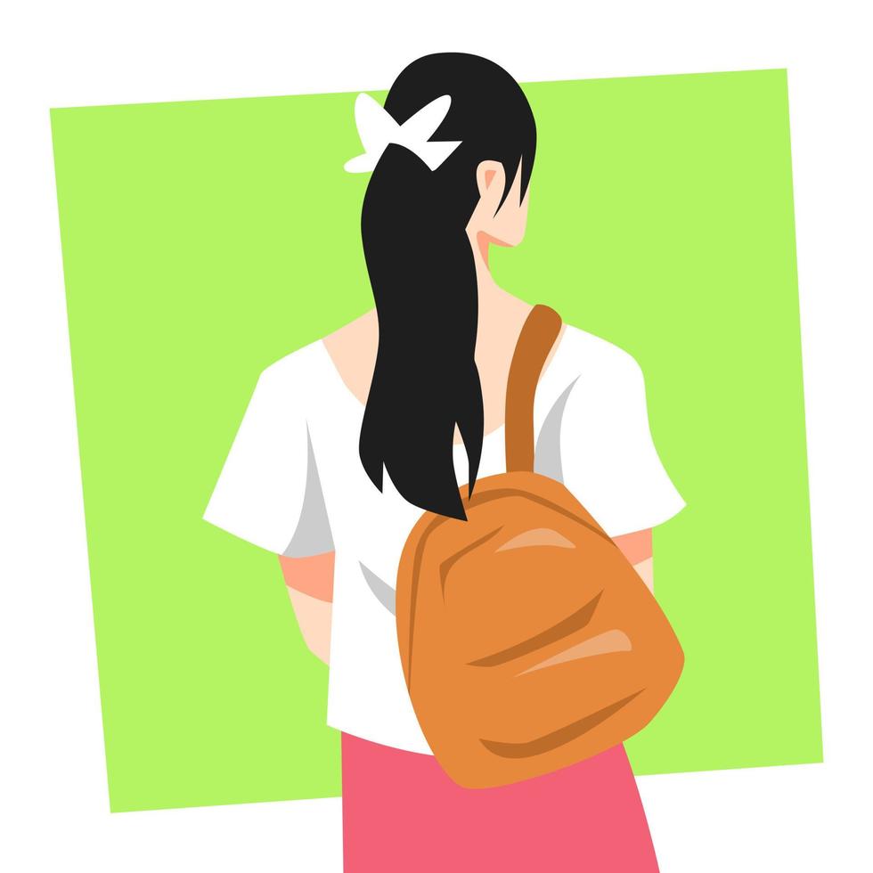back view of teenage girl illustration wearing a backpack. the concept of traveling, school, beautiful, etc. flat vector