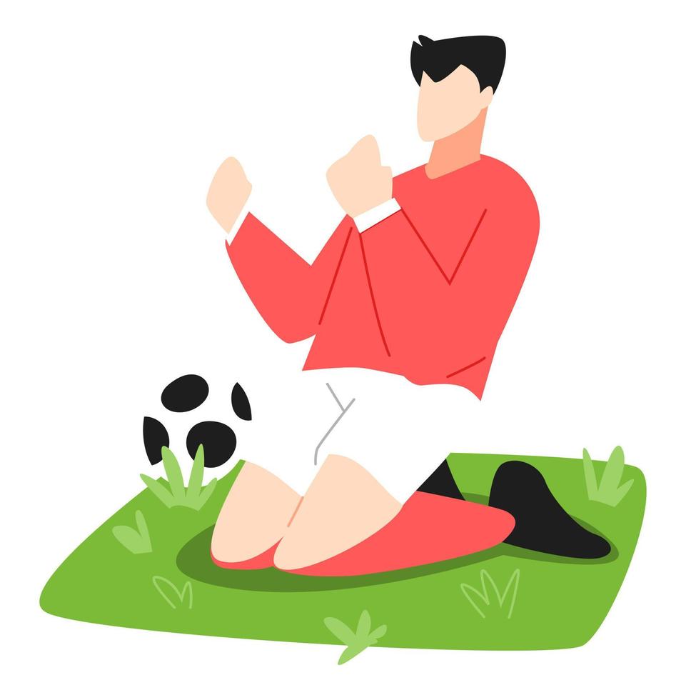 illustration of soccer player celebrating a goal on green grass with a ball. sport, football, activity concepts and themes. flat vector style