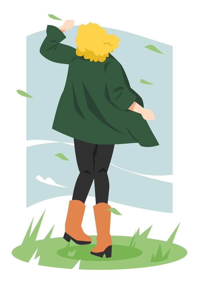 woman with curly hair back view and windy weather. flying leaves. concept of weather, nature, outdoor, etc. flat vector illustration