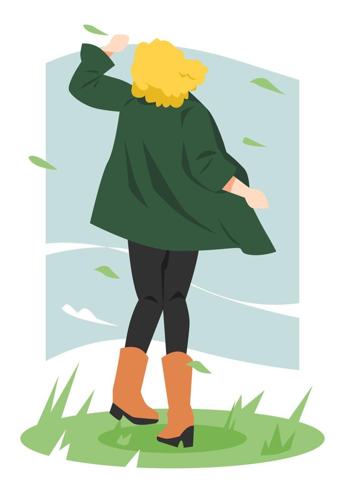 mujer con vista trasera de pelo rizado y clima ventoso. hojas voladoras. concepto de clima, naturaleza, exterior, etc. ilustración vectorial plana vector