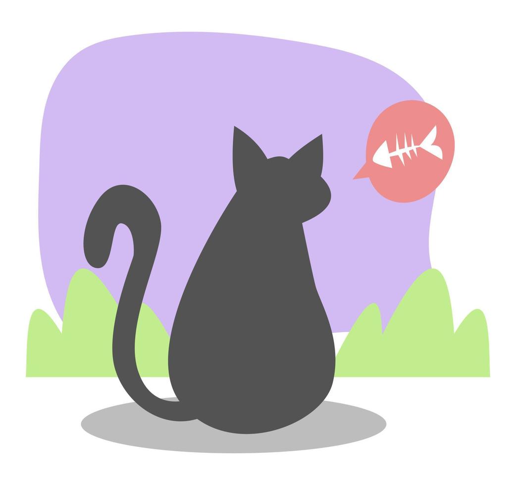 black cat illustration back view hungry. fishbone icon. purple and grass background. concept of pets, animals, food, etc. flat vector. cute, doodle character style. vector