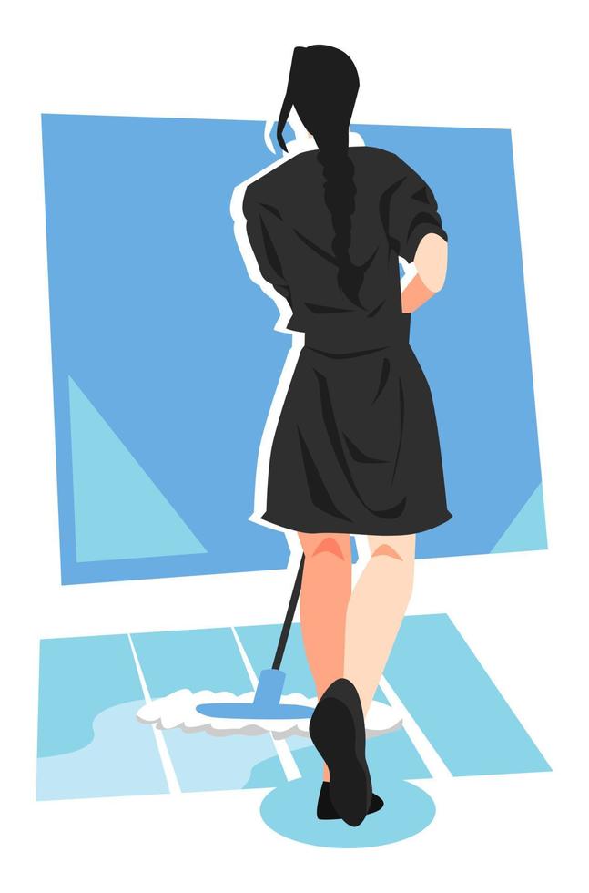 illustration of a beautiful maid cleaning the floor. mopping the floor. back view. concept of activity, work, cleaning. flat vector