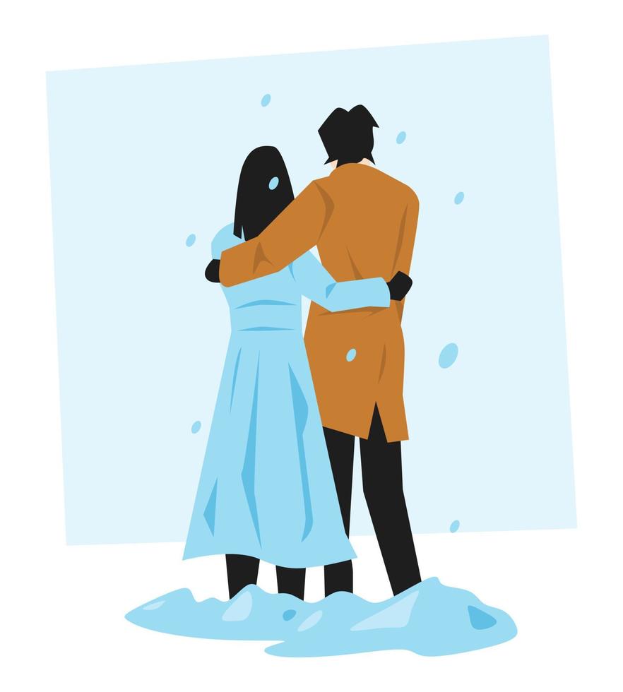 mujer y hombre pareja abrazándose en invierno. nevada. ropa calida. aislado en un fondo azul. el concepto de novio, novia, amor, matrimonio, san valentín, etc. ilustración vectorial plana vector