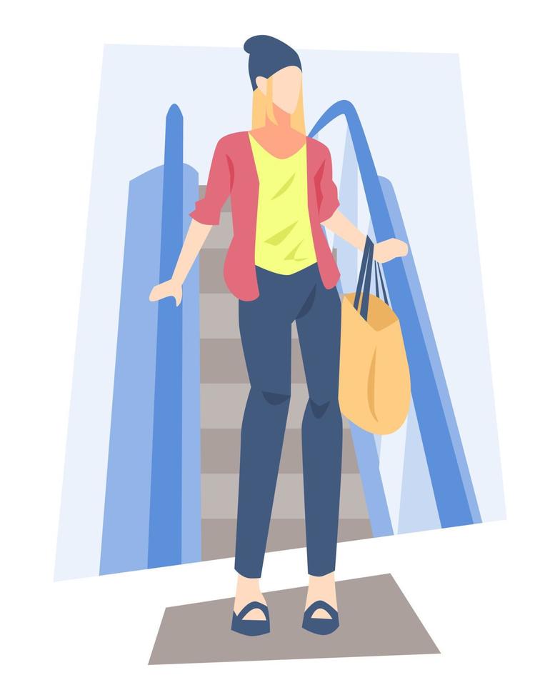 girl wearing a beanie hat descends the escalator while holding groceries. market concept, shopping, supermarket, lifestyle. flat vector illustration