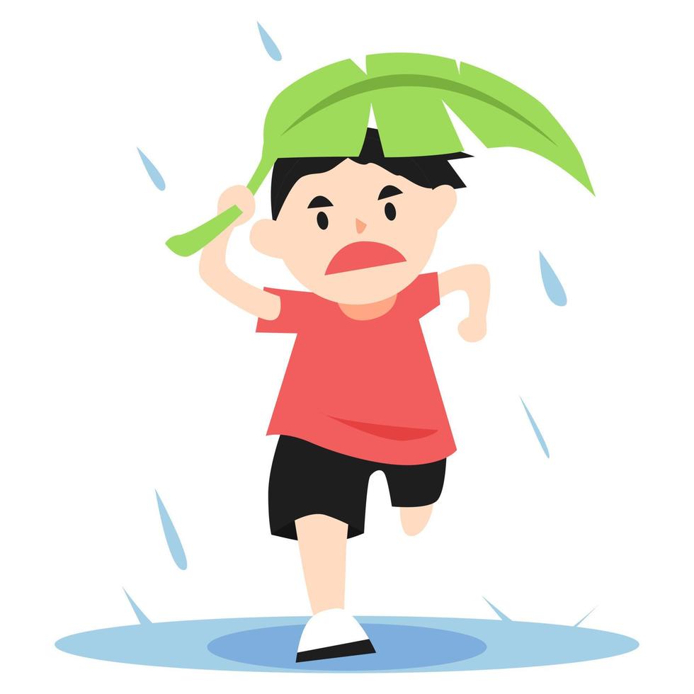 little boy running in the rain holding a banana leaf as an umbrella. little boy playing, panicking. cute character, doodle. flat vector illustration