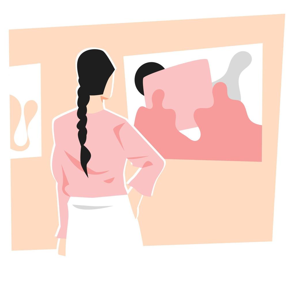 young girl back view looking at painting artwork. suitable for exhibition themes, fine arts, appreciation, aesthetics, etc. flat vector illustration