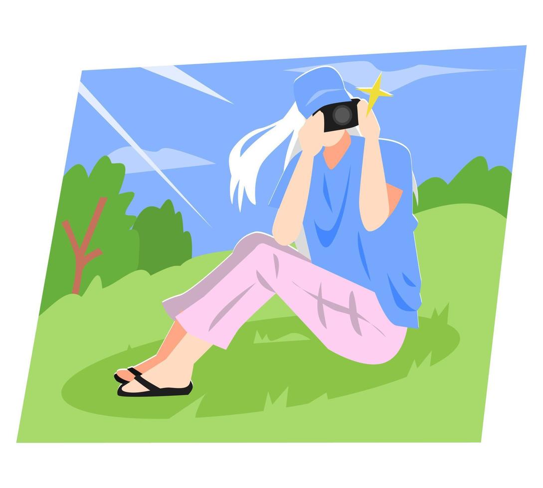 beautiful teenage girl in hat is taking photo with camera. green, tree, grass background, park, garden, nature. vacation, photographer. flat vector illustration.