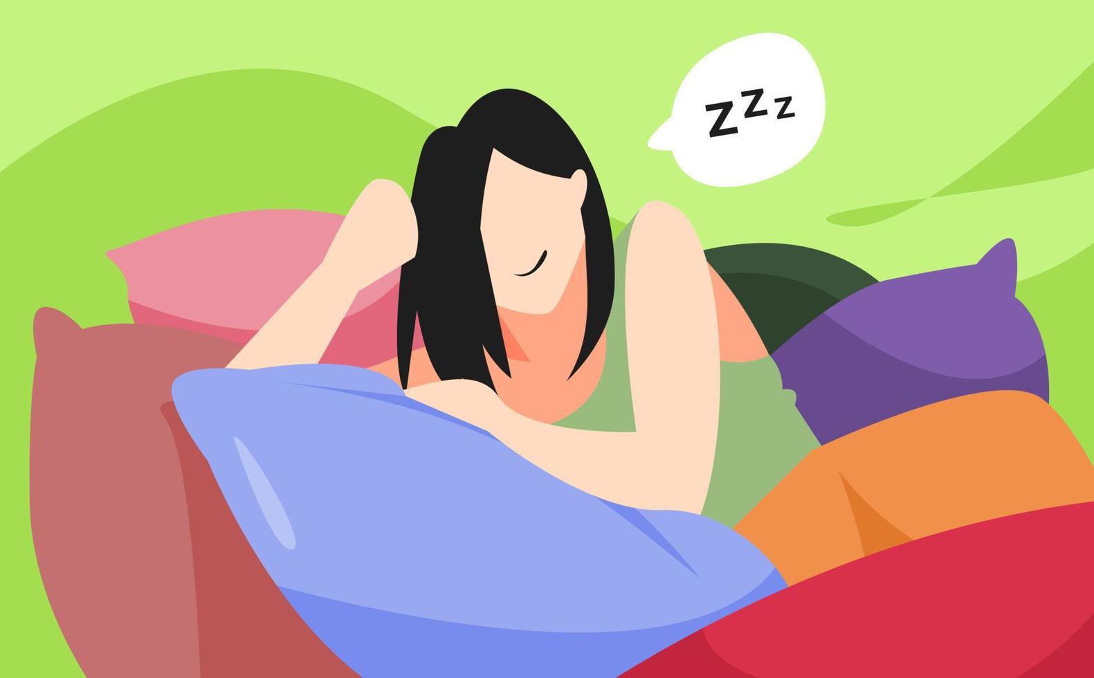 ilustración de una hermosa joven durmiendo pacíficamente en un montón de muchas almohadas. sonido, suave, cómodo. concepto de descanso, vacaciones, relax, etc. estilo de vector plano