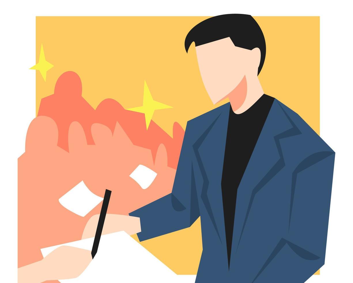 illustration of famous people, famous actors giving autographs for fans. crowd silhouette, light. flat vector style