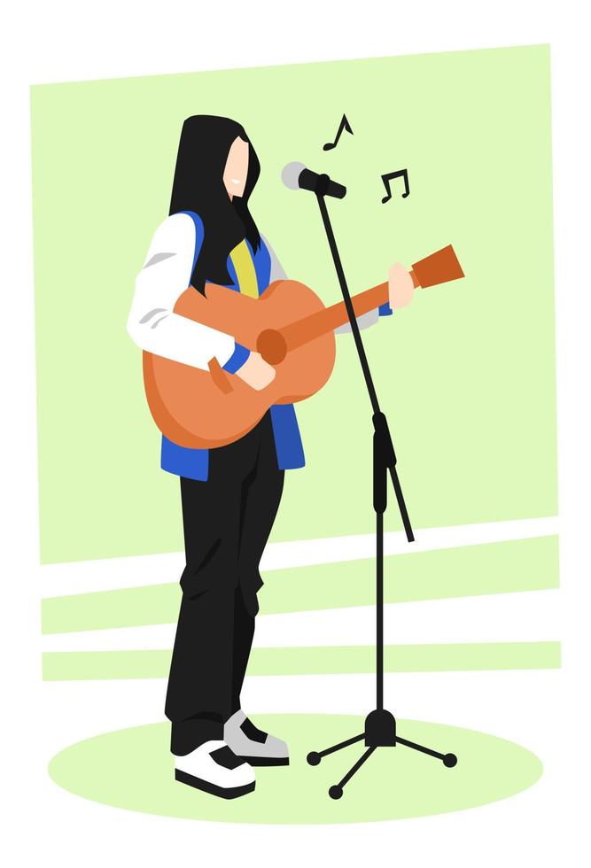 ilustración de una cantante adolescente, músico callejero. hermoso. cantar. tocando la guitarra. apariencia. concepto de juventud, música, cantante, profesión, hobby, etc. vector plano