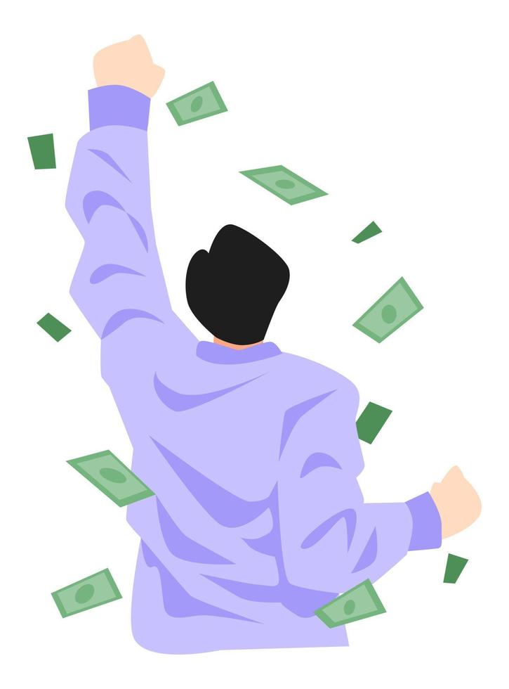 back view illustration of businessman celebrating success. money rain, satisfied expression, happy. white background. suitable for themes of business, finance, work, success, etc. flat vector