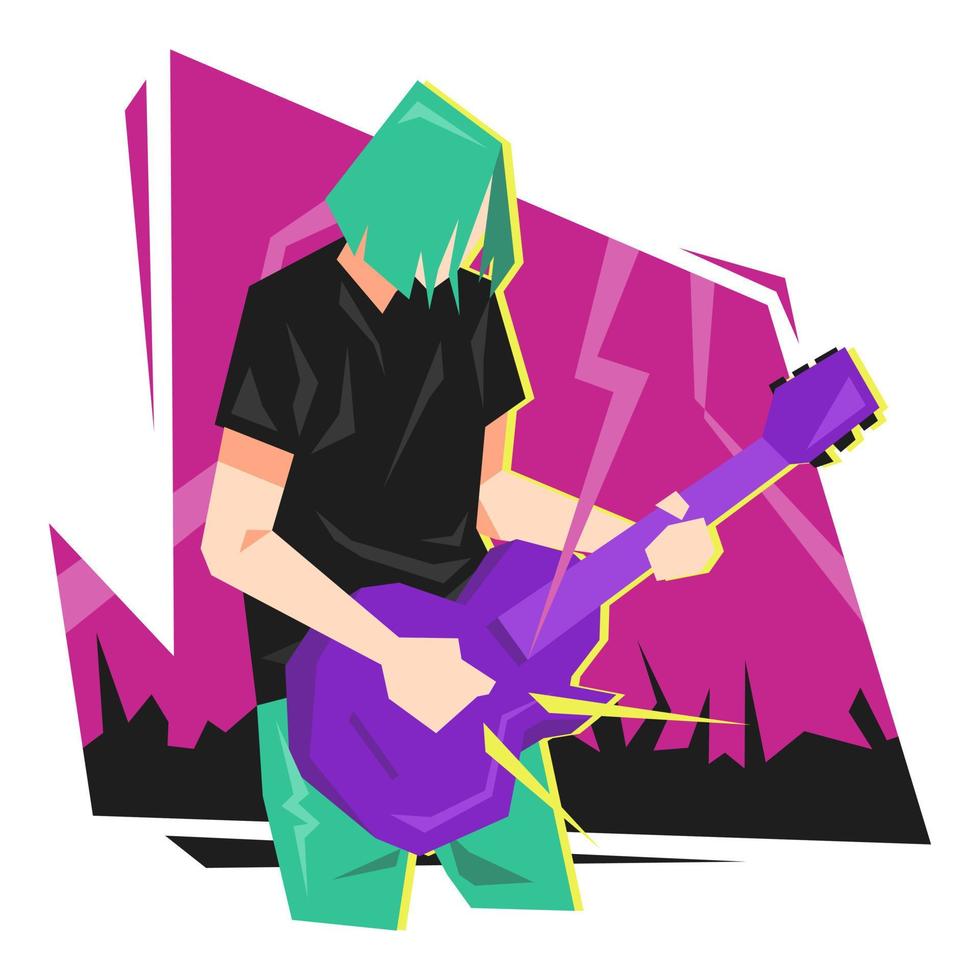 ilustración de un bajista masculino actuando en el escenario. fondo morado, multitud, audiencia. concepto musical, banda, concierto, cantante. adecuado para amantes de la música, diseño de camisetas, comunidad de bandas. vector plano