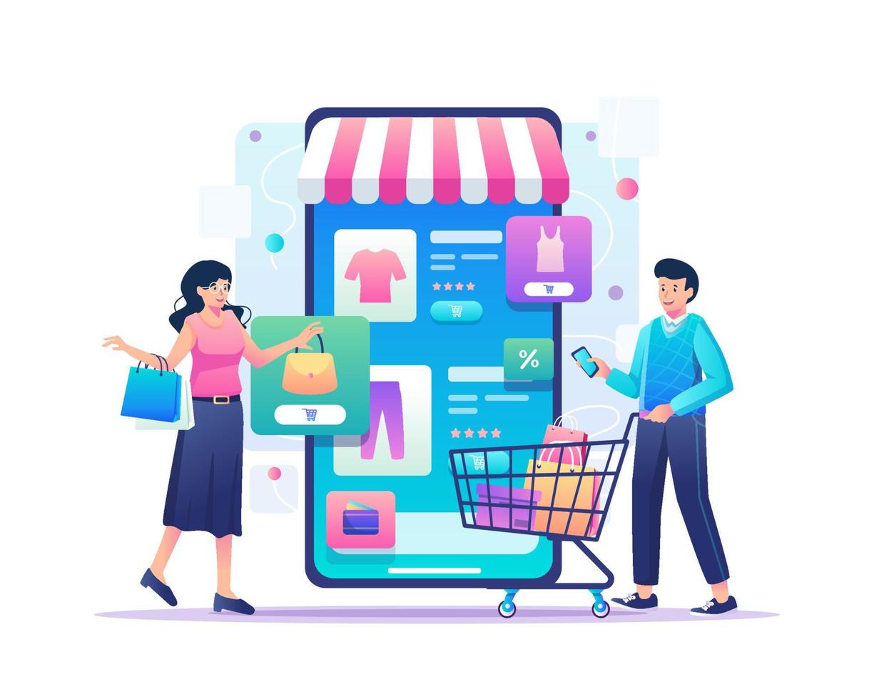 Mobile shopping concept. A man and a woman buy things in the online store through a big smartphone. E-Commerce and Online Shopping. Vector illustration in flat style