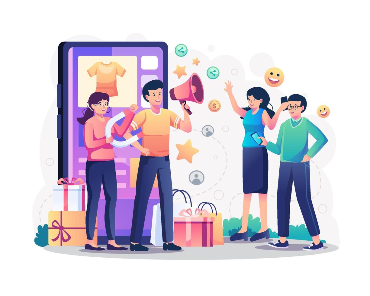 marketing de referencia o promoción de una tienda en línea con un hombre gritando en un megáfono. una mujer sosteniendo un imán para atraer compradores o clientes. concepto de marketing y promoción. ilustración vectorial vector