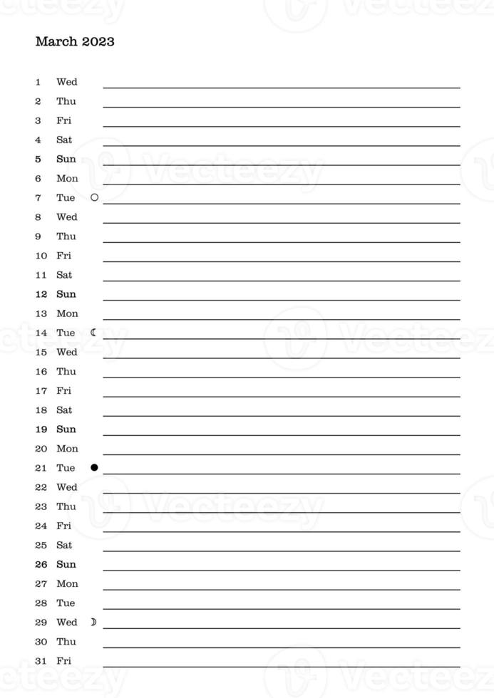 Monthly calendar of year 2023, March photo