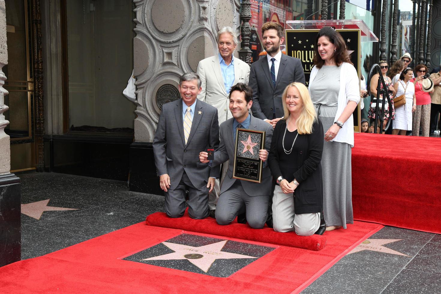 vLOS ANGELES, JUL 1 - Michael Douglas, Adam Scott, Paul Rudd, Chamber Officials at the Paul Rudd Hollywood Walk of Fame Star Ceremony at the El Capitan Theater Sidewalk on July 1, 2015 in Los Angeles, CA photo