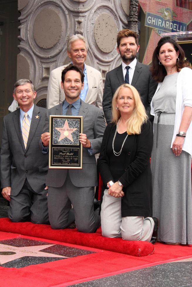 vLOS ANGELES, JUL 1 - Michael Douglas, Adam Scott, Paul Rudd, Chamber Officials at the Paul Rudd Hollywood Walk of Fame Star Ceremony at the El Capitan Theater Sidewalk on July 1, 2015 in Los Angeles, CA photo