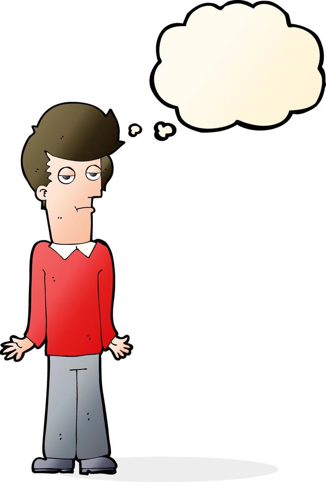 cartoon bored man shrugging shoulders with thought bubble vector