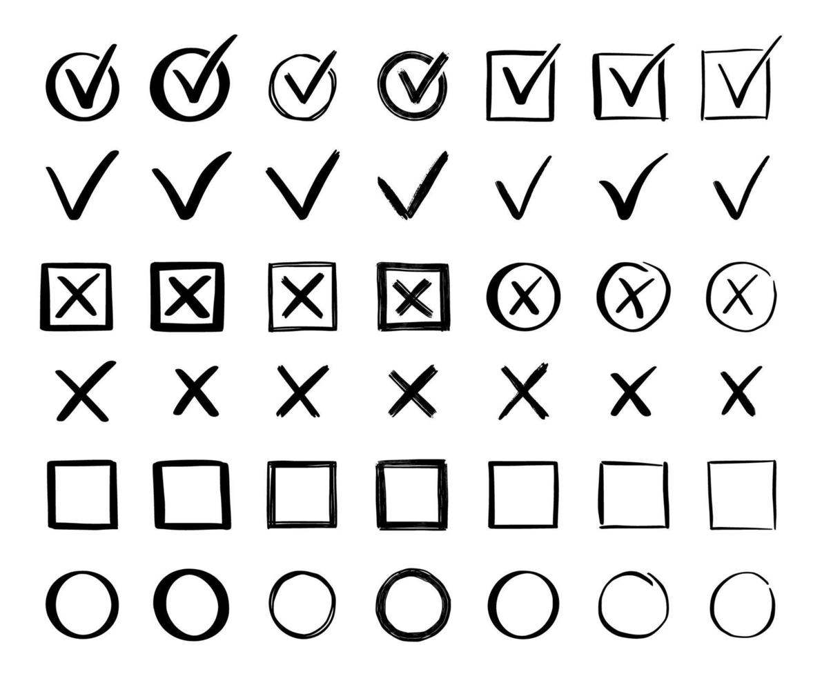 Check and cross mark set. Hand drawn vector