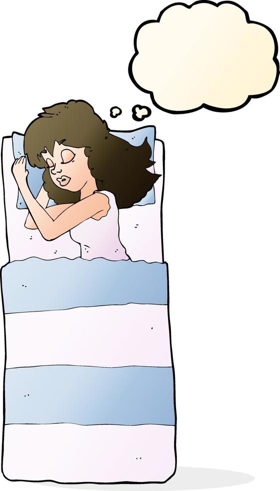 caricatura, mujer durmiente, con, burbuja del pensamiento vector
