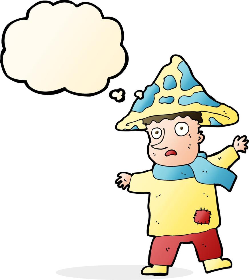 cartoon magical mushroom man with thought bubble vector