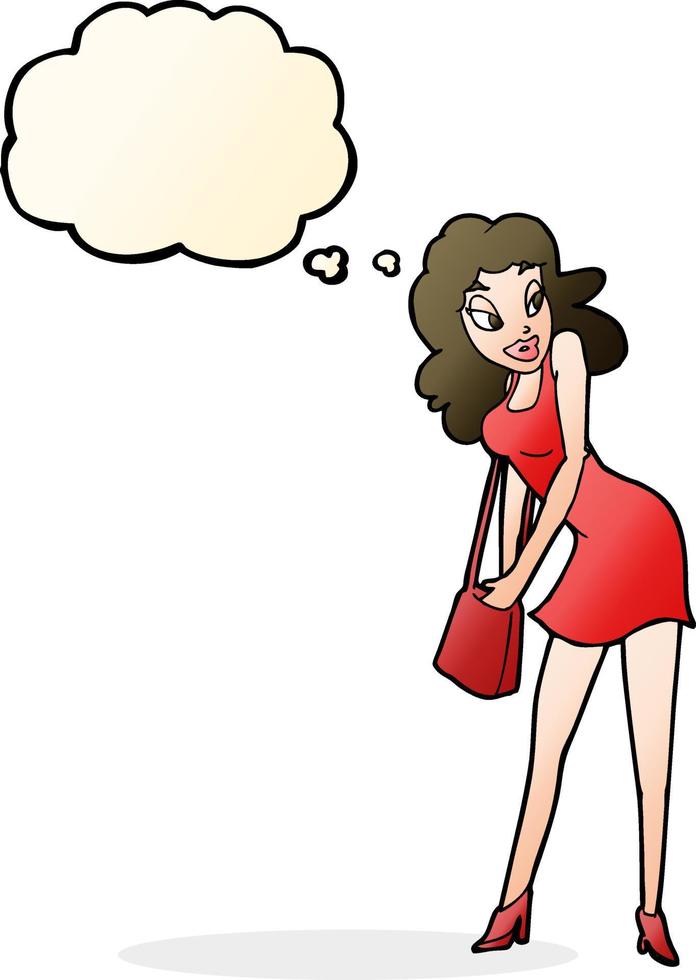 mujer de dibujos animados mirando en el bolso con burbuja de pensamiento vector