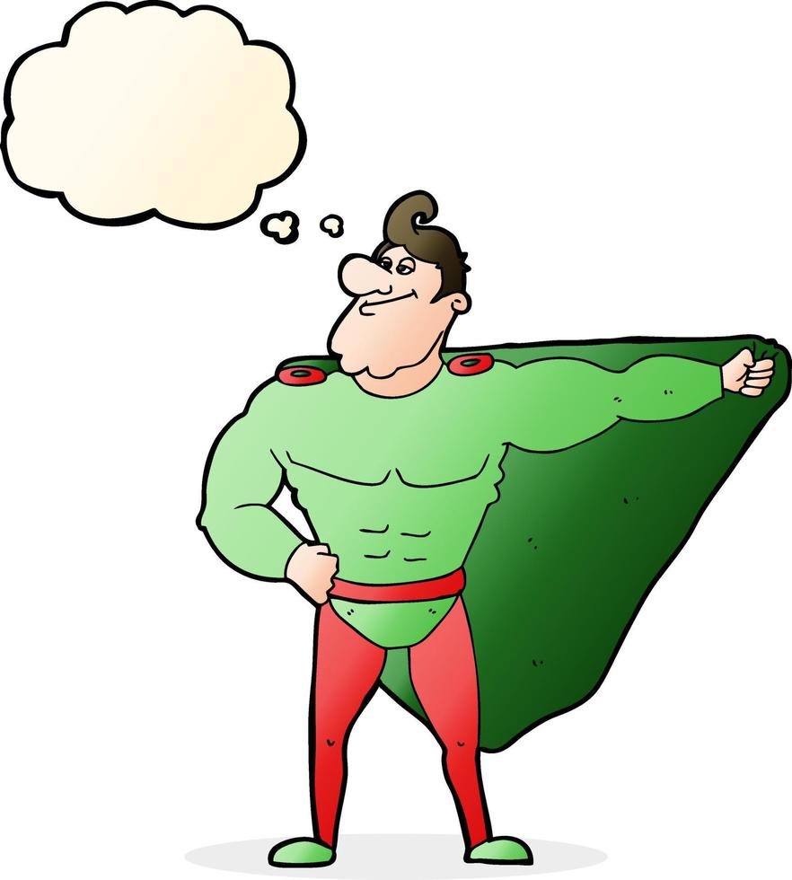 funny cartoon superhero with thought bubble vector