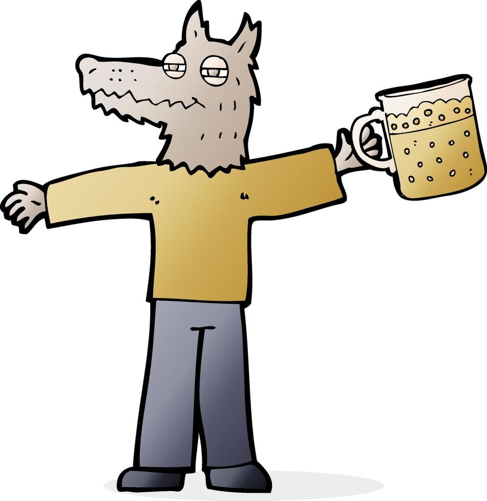 cartoon wolf man drinking beer vector