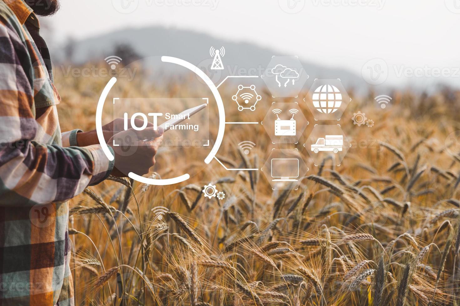 Smart farming concept. Farmer with technology digital tablet on background of wheat field. Professional farmers use internet of things IOT computers system to manage farms. agriculture modern idea. photo