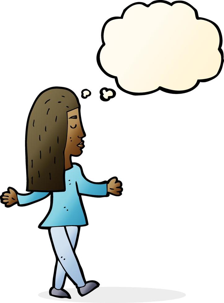 cartoon woman shrugging shoulders with thought bubble vector