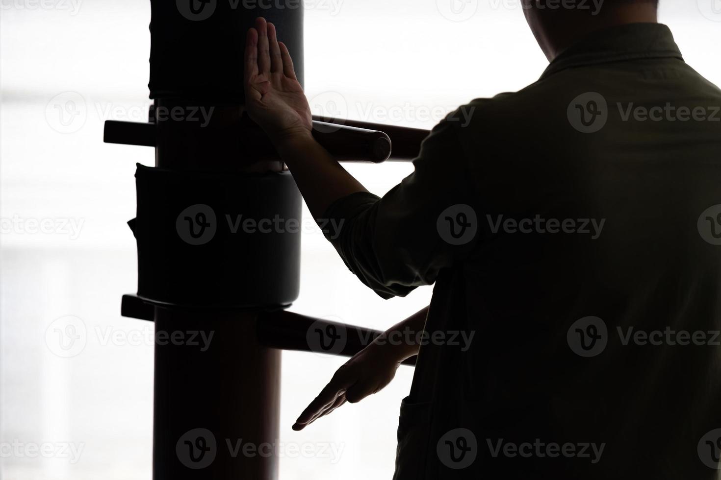 Silhouette of a fighter Wing Chun and wooden dummy on a background. Wing Chun Kung Fu Self defense photo