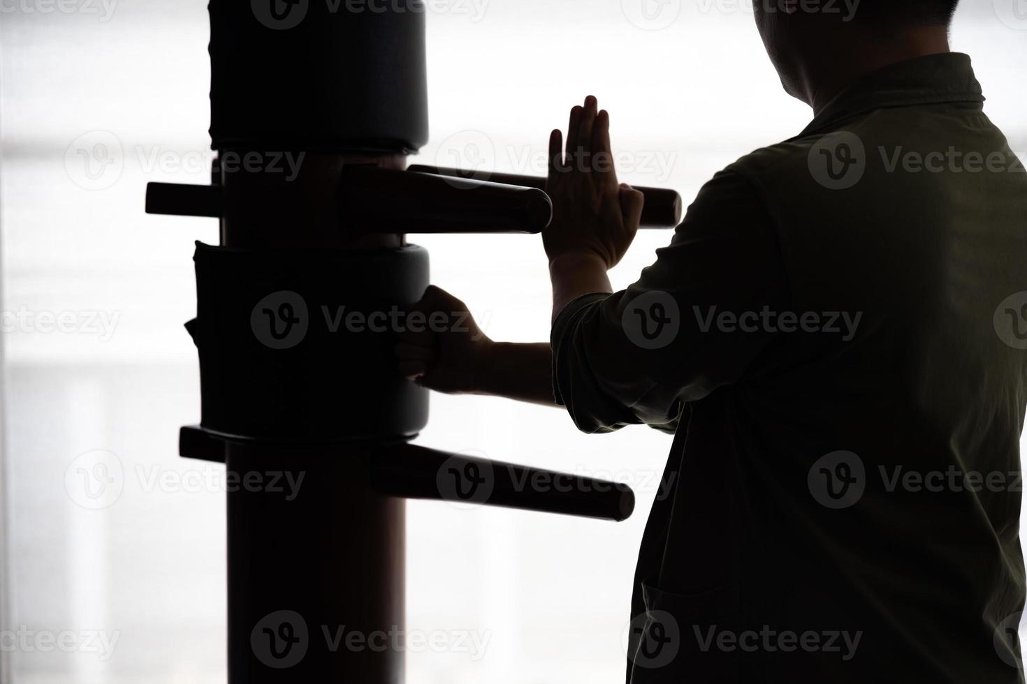 Silhouette of a fighter Wing Chun and wooden dummy on a background. Wing Chun Kung Fu Self defense photo