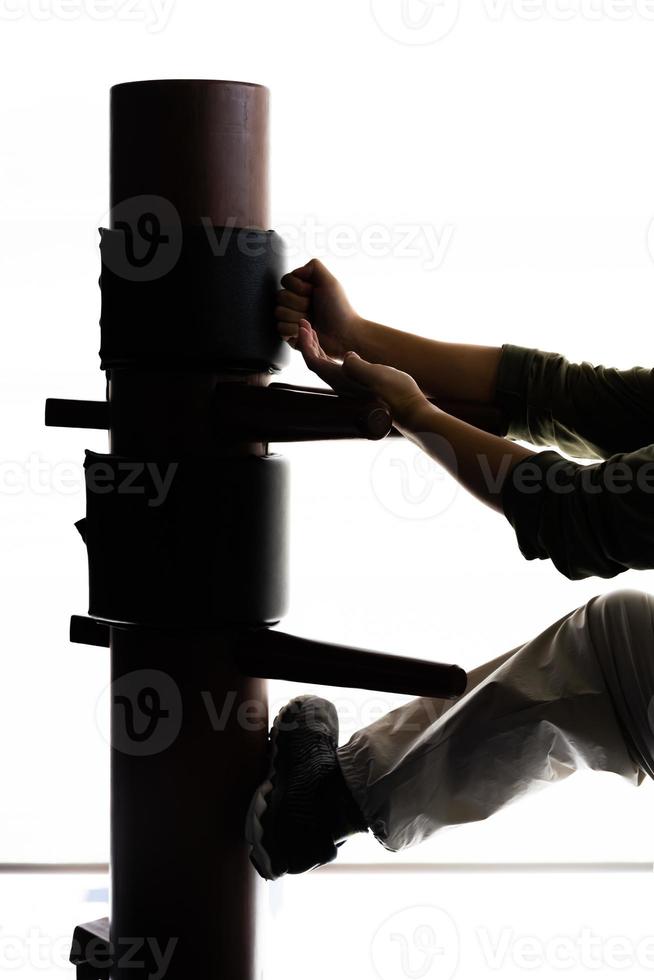 Silhouette of a fighter Wing Chun and wooden dummy on a background. Wing Chun Kung Fu Self defense photo