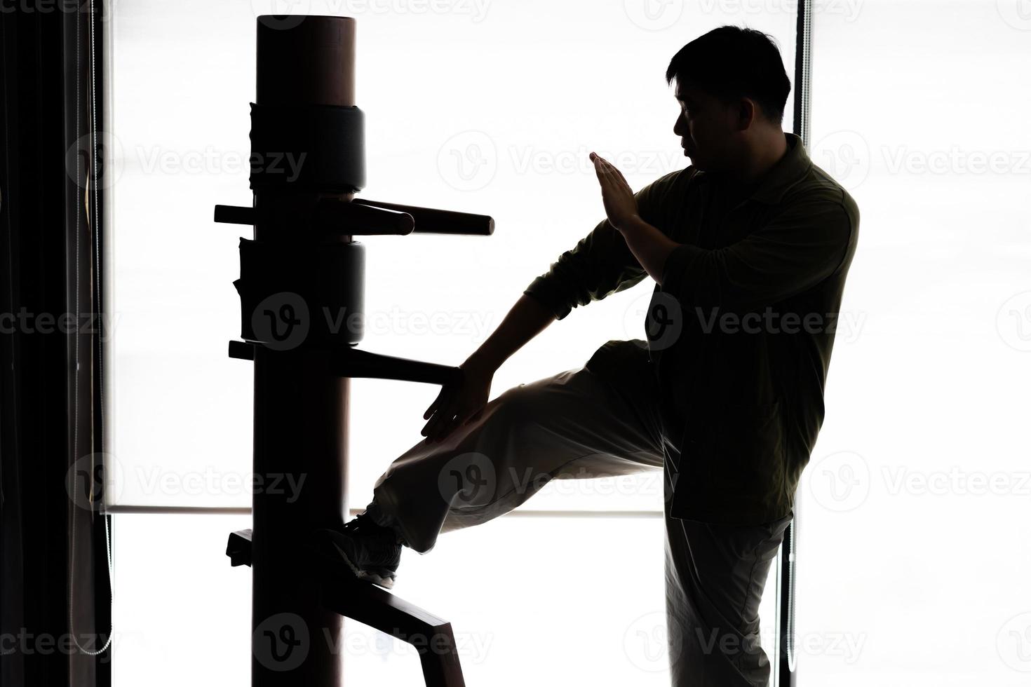 Silhouette of a fighter Wing Chun and wooden dummy on a background. Wing Chun Kung Fu Self defense photo