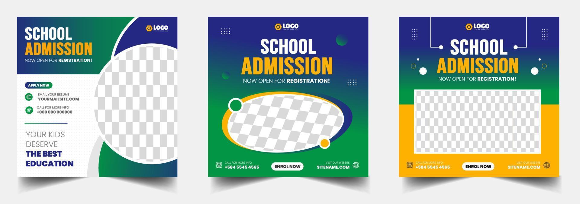 School admission social media post banner design. back to school social media post banner design set. Back to school admission promotion banner. school admission template for social media ad. vector