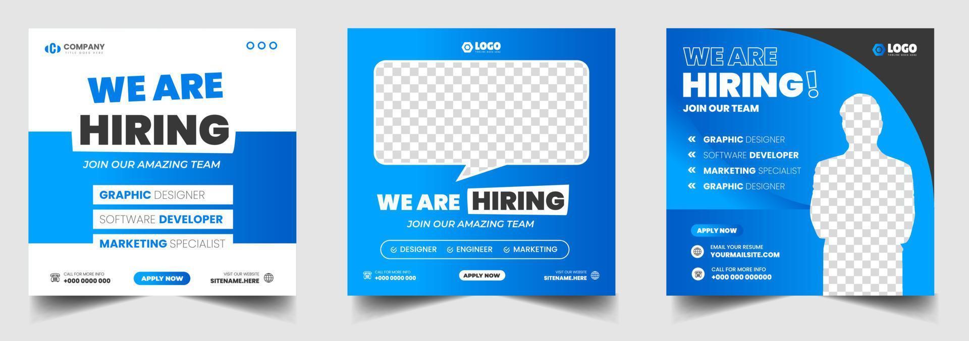 estamos contratando plantilla de diseño de banner de publicación de redes sociales de vacante de trabajo con color azul. estamos contratando diseño de banner web cuadrado de vacante de trabajo. vector