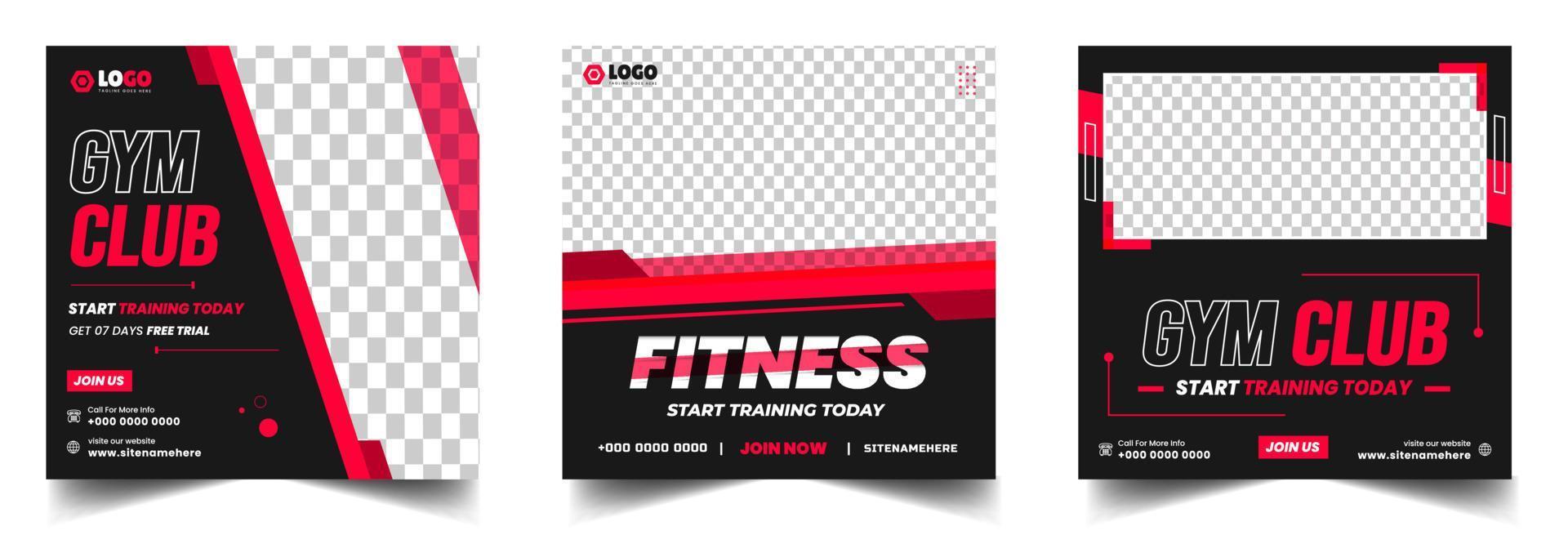 Fitness gym social media post banner template with black and red color, gym, Workout, fitness and Sports social media post banner, fitness gym social media post banner design. vector