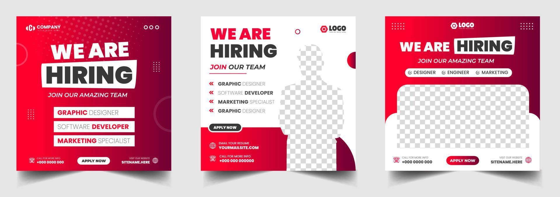 We are hiring job vacancy social media post banner design template with red color. We are hiring job vacancy square web banner design. vector