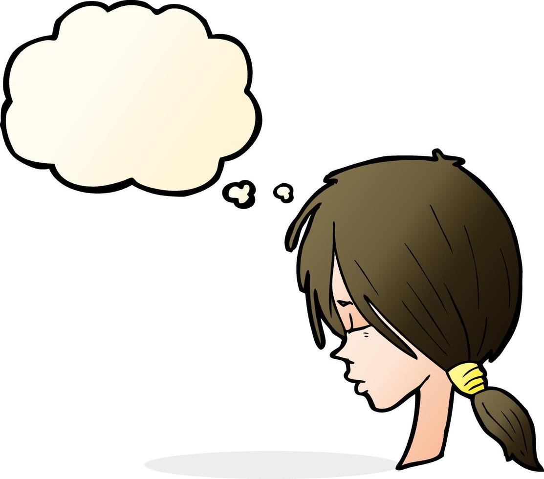 cartoon girl looking thoughtful with thought bubble vector