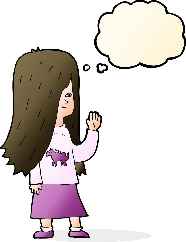 cartoon girl with pony shirt waving with thought bubble vector