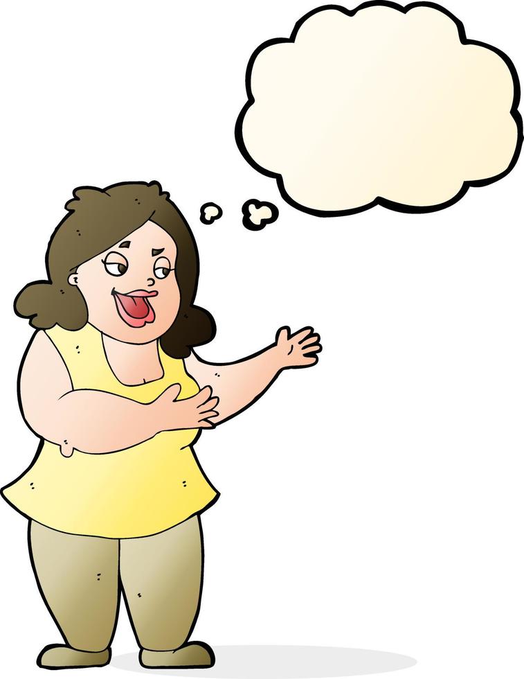 caricatura, feliz, mujer gorda, con, burbuja del pensamiento vector
