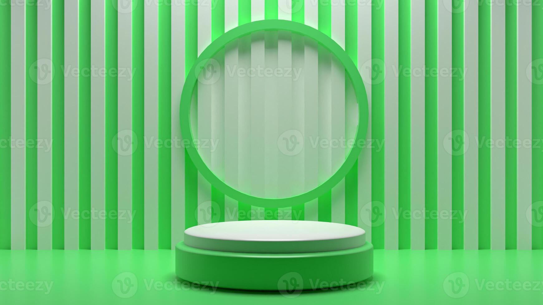 Green and white striped wall with a round mirror photo