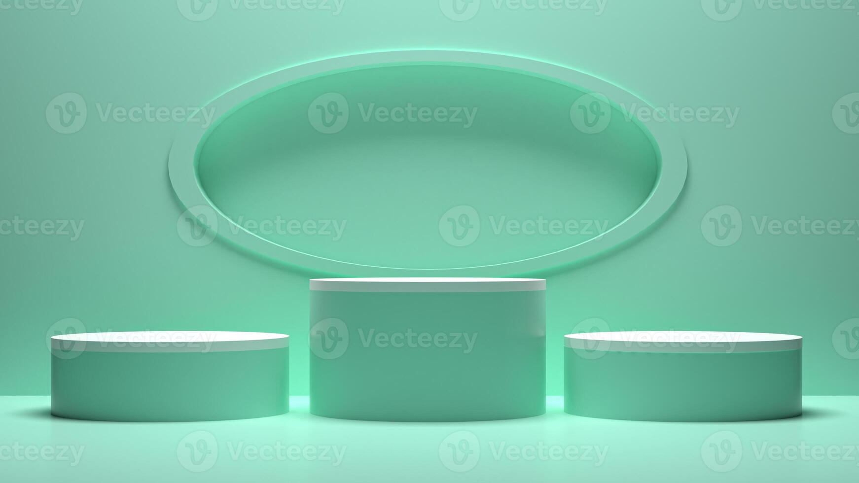 Three empty white pedestal on a green background photo