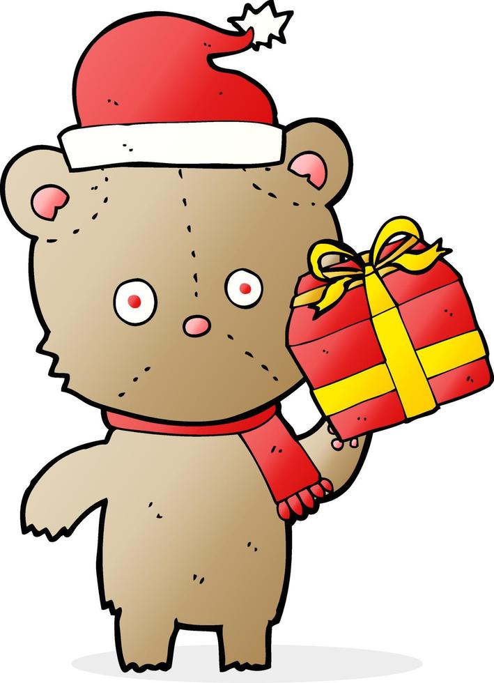 cartoon christmas teddy bear with present vector