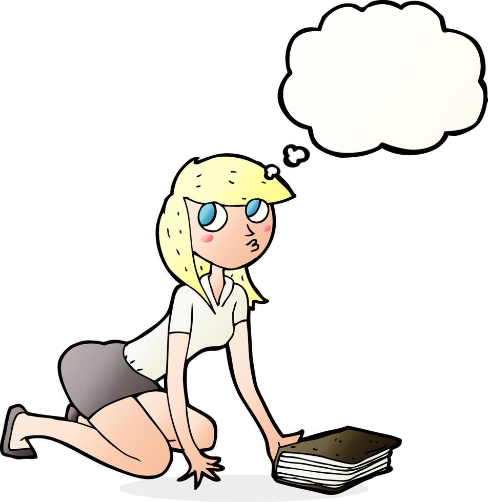 cartoon girl picking up book with thought bubble vector