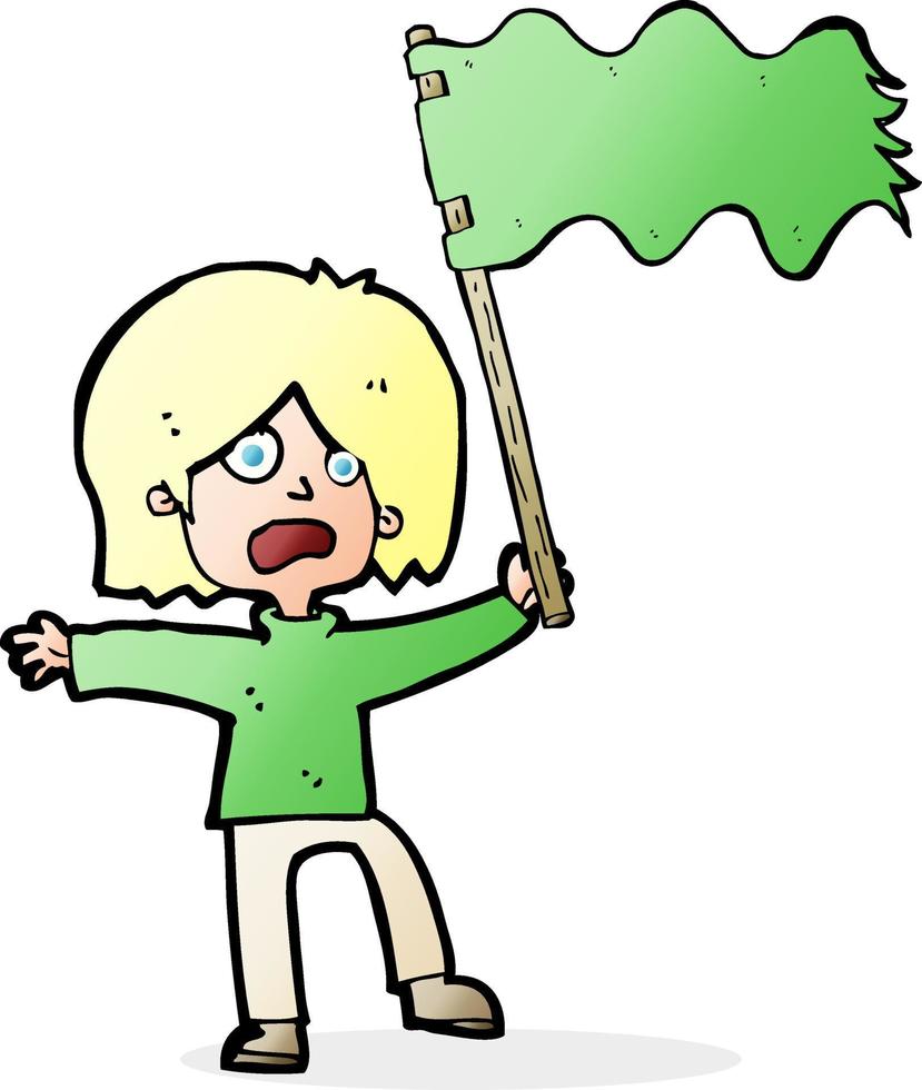 mujer de dibujos animados ondeando bandera verde vector