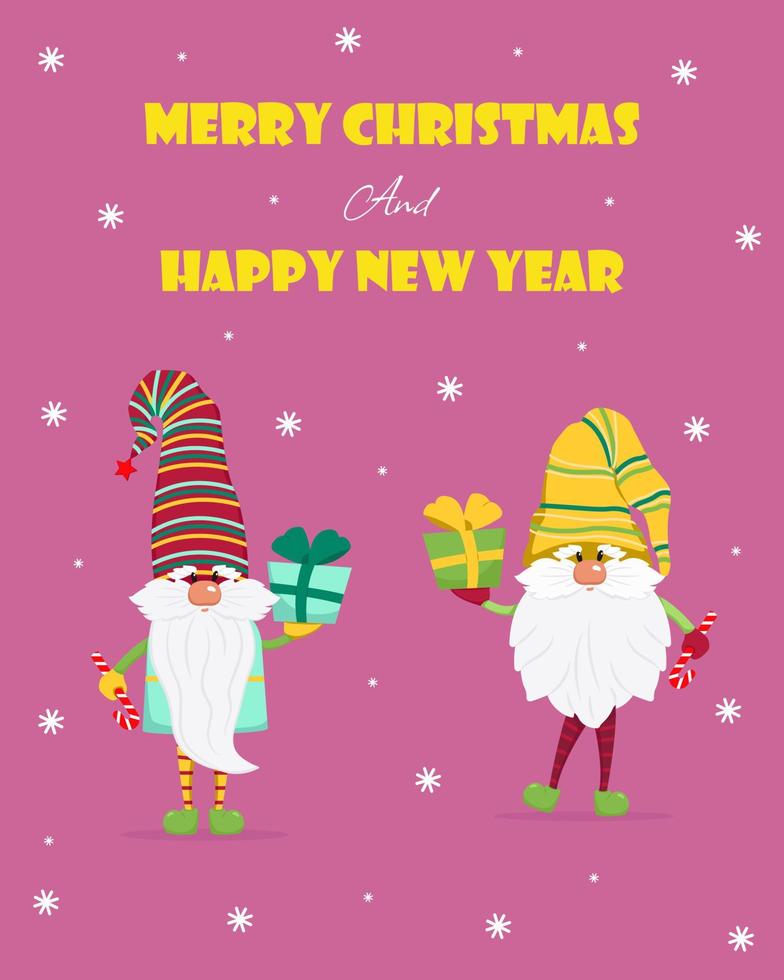 Two cute gnomes with gifts in their hands greeting card for Christmas. Vector illustration in flat style.